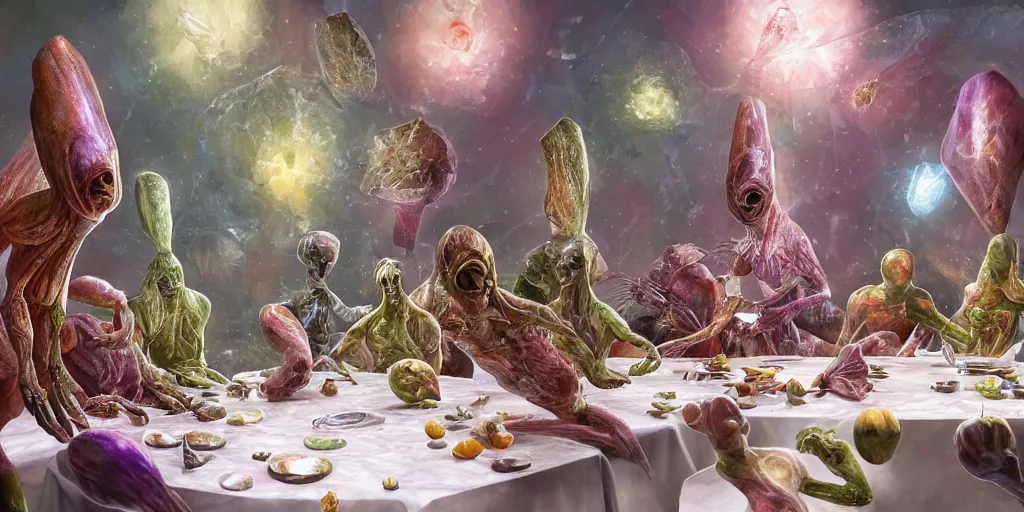 Image similar to !13 very diverse aliens enjoying a rich salad around a marble table, !positioned as last supper cinematic lighting, crystals and diamonds, fantasy, surreal, floating, highly detalied, 4k, artstation, by Wayne Barlowe