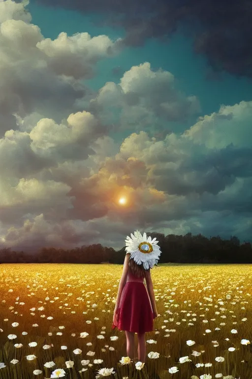 Image similar to giant white daisy flower head, girl standing in a flower field, surreal photography, sunrise, dramatic light, impressionist painting, colorful clouds, digital painting, artstation, simon stalenhag