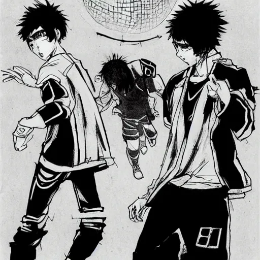 Image similar to a manga sketch of two boys playing cyberpunk soccer, black and white, pencil sketch, in the style of yoji shinkawa and takehiko inoue