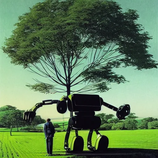 Image similar to ”big robot in green field with trees, by syd mead”