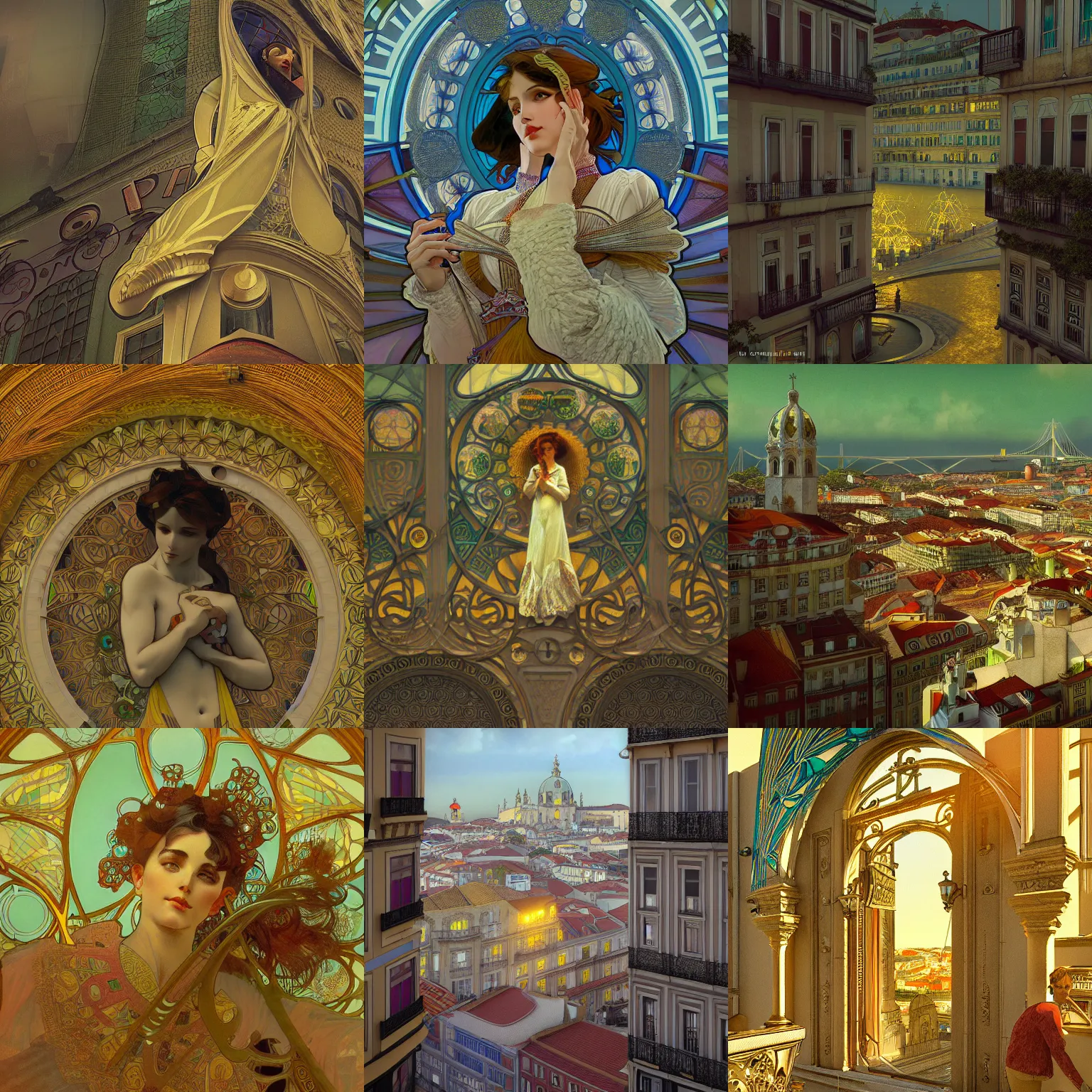 Prompt: The City of Lisbon, octane render, alphonse mucha, nano detail