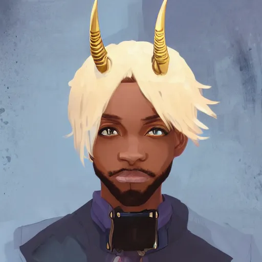 Image similar to african american man with blue eyes, blonde hair, horns, wearing steampunk attire, highly detailed, digital painting, artstation, matte, by makoto shinkai, animation style