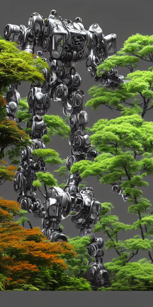 Image similar to japanese style, mech robot palace, hyper realistic, lush plants, painted by karl kopinski, 8 k, denoised artstation trending