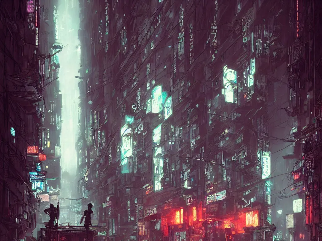 Image similar to a nightscene with a dark alley in new york city with graffiti on the walls at the end an illuminated door, by greg rutkowski, cyberpunk city, futuristic, neon,