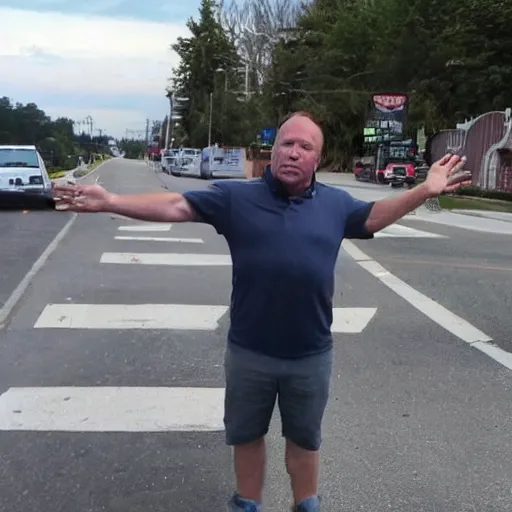 Prompt: alex jones begging for money on the side of the road