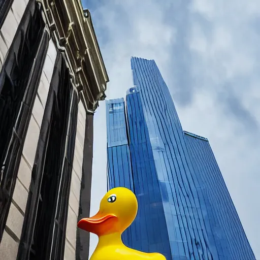 Image similar to a mile tall rubber duck in a city, point of view looking up from the street, photograph