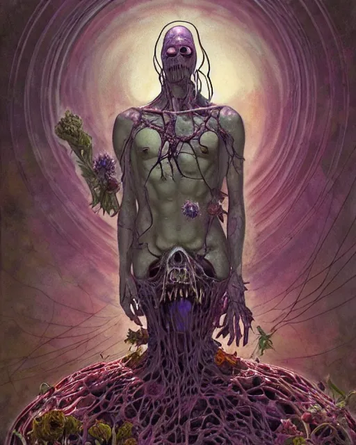 Image similar to the platonic ideal of flowers, rotting, insects and praying of cletus kasady carnage thanos davinci dementor chtulu mandala ponyo doctor manhattan the witcher, fantasy, ego death, decay, dmt, psilocybin, concept art by randy vargas and greg rutkowski and zdzisław beksinski