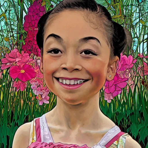 Prompt: a mixed race hapa five - year - old girl, dressed as a ballerina, performing at the washington dc botanical gardens, smiling into the camera, portrait, wide shot, midday light, bright colors, illustration, pop art, splash painting, art by geof darrow, ashley wood, alphonse mucha