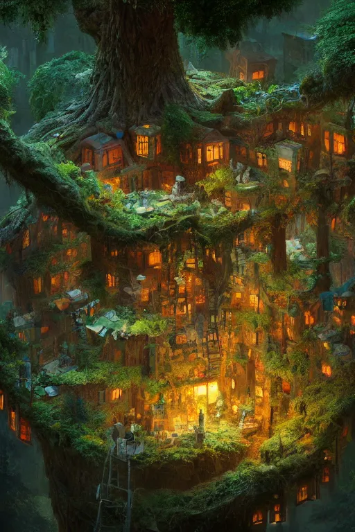 Image similar to a miniature city built into the trunk of a single colossal tree in the forest, with tiny people, in the style of craig mullins, lit windows, close - up, low angle, wide angle, awe - inspiring, highly detailed digital art