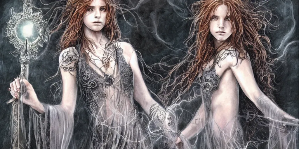 Image similar to dressed Hermione in tattoos conjuring with a magic wand, by luis royo, beautiful gown, beautiful eyes, Beautiful face, by Aggi Erguna, high detail, high resolution, art from harry potter