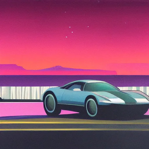 Prompt: detailed painting of a car driving along the pacific coast highway, midnight, synthwave, concept art