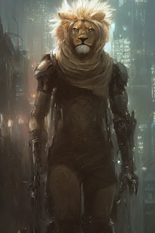 Image similar to portrait male anthro lion character full body precis no blur, concept art, character sheet, nier automata, gaston bussiere, greg rutkowski, tsutomu nihei, cyberpunk, trending on artstation, featured on pixiv, hyper detail, cinematic composition, 8 k