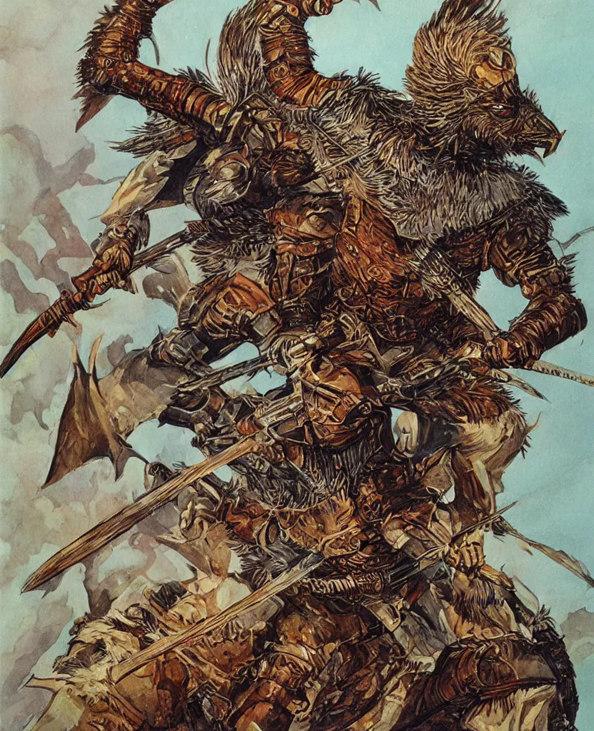 Image similar to dnd art, human fighter wearing armour made of griffon feathers, by larry elmore