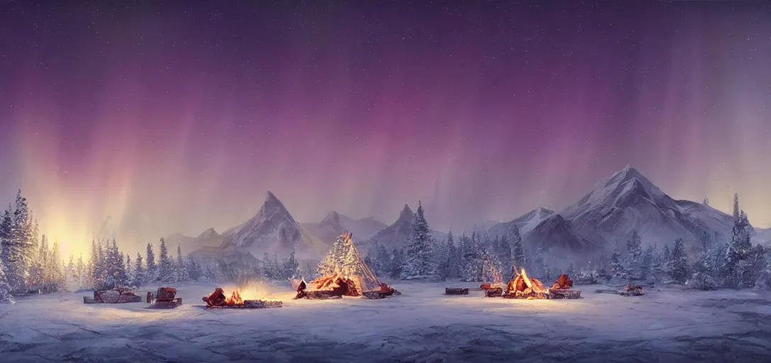 Image similar to beautiful render of a fall landscape, unreal engine, night, majestic snowy mountains, dramatic aurora borealis, stars, teepee, village, campfire, hunters, soft light, by greg rutkowski, cgsociety