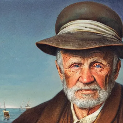 Image similar to realistic renderings of very old fisher man portrait with a hat, port scene background, astonishing scenes, detailed, photorealism