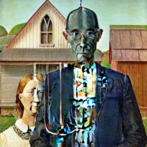 Image similar to two horses recreating the painting american gothic, by grant wood