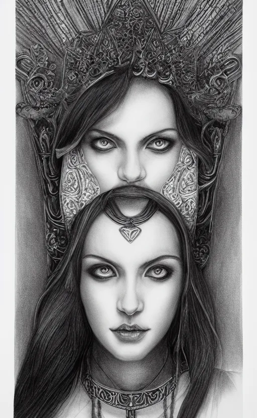 Image similar to the high priestess, by stephanie law, black and white graphite drawing, smooth render, 3 / 4 view