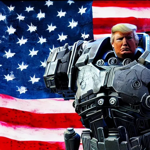 Prompt: donald trump! as optimus prime in ( gears of war ), splash art, maga!, patriot!, movie still, detailed face, photorealistic facial features, cinematic lighting, dramatic, octane render, long lens, shallow depth of field, bokeh, anamorphic lens flare, 8 k, hyper detailed, 3 5 mm film grain