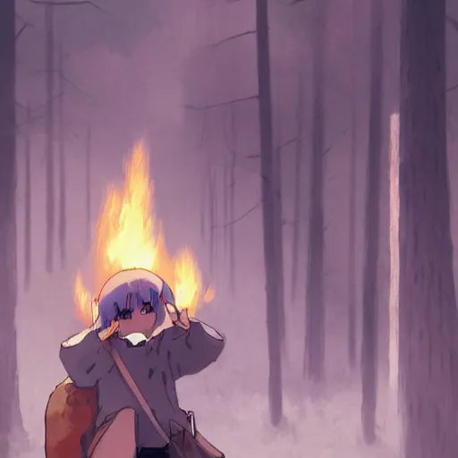 Image similar to a child with grey skin with blues and short brown hair, holding fire in hands, forest background, highly detailed, digital painting, artstation, matte, by makoto shinkai, animation style, studio ghibli, anime key visual