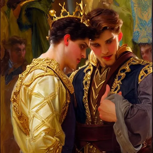 Image similar to attractive fully clothed king confesses his love for his attractive fully clothed male prince. highly detailed painting by gaston bussiere and j. c. leyendecker 8 k