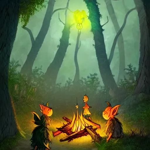 Image similar to goblins, imps, fairies and fireflies in a fantasy world, forest clearing with a campfire at night, epic fantasy style art