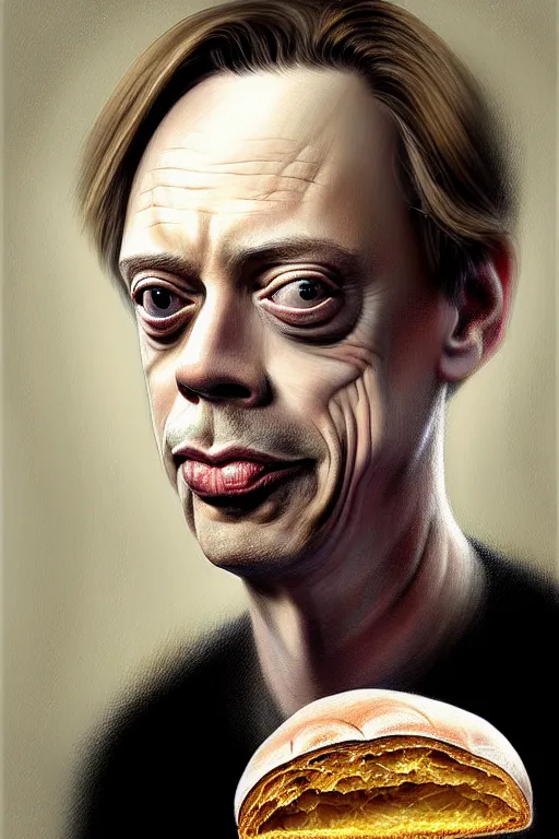 Image similar to beautiful portrait half steve buscemi wearing sourdough bread, by greg rutkowski