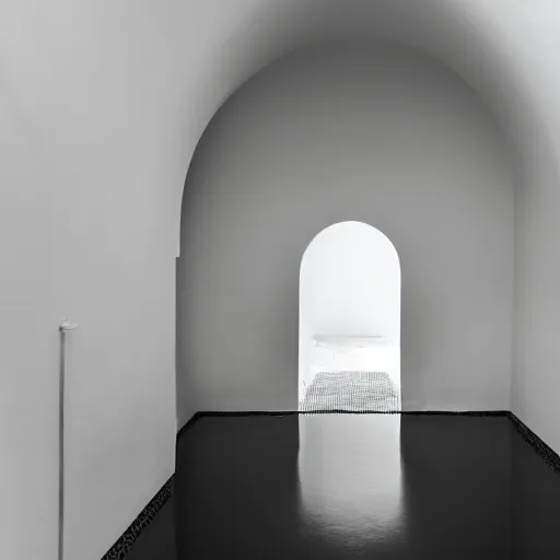 Prompt: an underground pool in an all white room with smooth arched ceilings and doorways, liminal space, dark lighting,