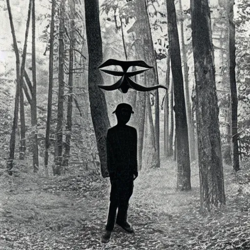 Image similar to old photograph of a a person standing in an eerie forest with an alien standing in the distance behind them