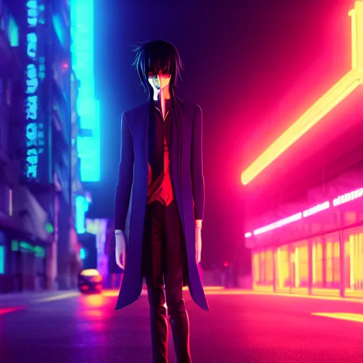 Prompt: Lelouch Lamperouge in a neon city, octane render 8k, atmospheric render, myserious man, professional render, volumetric light, artstation, octane render, redshift render, low angle camera, rich deep moody colors