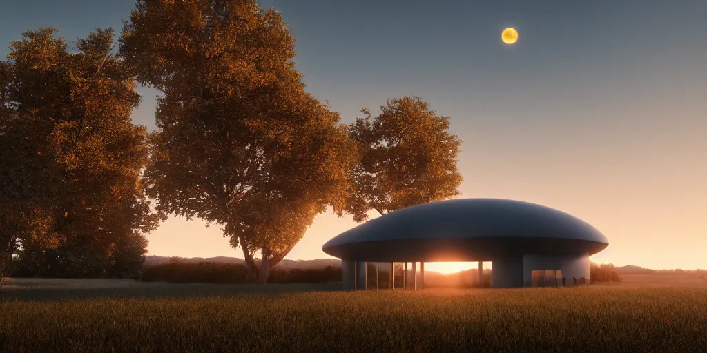 Image similar to a serene landscape with a singular building at sunrise with a giant jupiter appearing in the sky, digital art, concept art, octane render, unreal engine 5, hyperrealistic, highly detailed, high quality, 4K, low contrast, soft lighting, path tracing, complementary colors, natural lighting, geometric