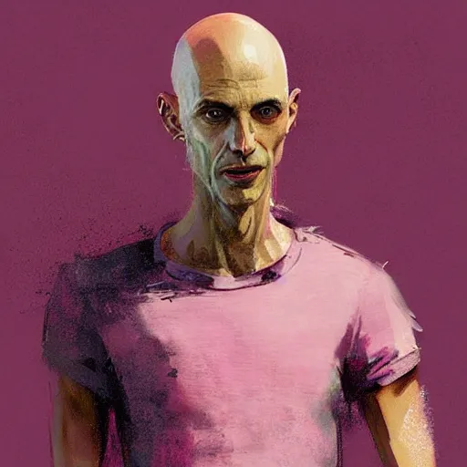 Image similar to bald skinny man in a pink t - shirt and pink pants, digital art, by greg rutkowski