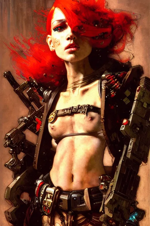 Image similar to full character portrait max mad cyberpunk warhammer 4 0 k, medic sapper not the girl with the pearl earring character design, painting by gaston bussiere, katsuya terada, nc wyeth, greg rutkowski, craig mullins, vermeer, frank frazetta, mucha, tom of finland, trending on artstation, jeffery catherine jones