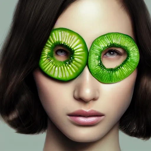 Image similar to close up of female model with green juicy kiwifruit slices covering her eyes. 4K award winning photorealistic. smooth, sharp focus, illustration by artgerm and greg rutkowski Artgerm 8k