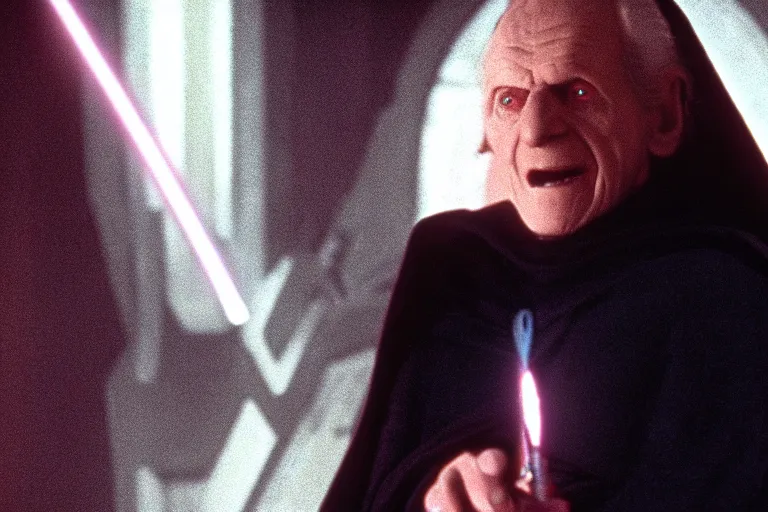 Prompt: (a cinematic still from return of the jedi!!), palpatine, masterpiece