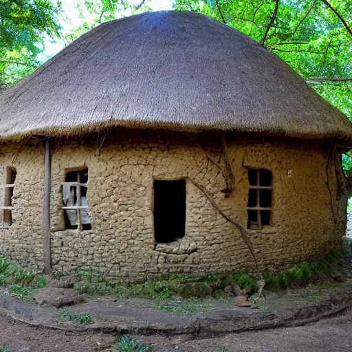 Prompt: round mud house, with many round windows and tree branches protruding from it