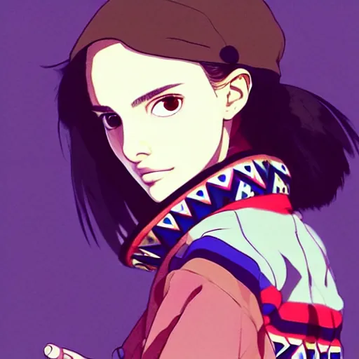 Image similar to a beautiful! boyish! natalie portman alluring gravure! model, wearing oversized aztec bomber jacket and leotard, poofy bomber jacket with mayan patterns, gapmoe yandere grimdark, trending on pixiv fanbox, painted by greg rutkowski makoto shinkai takashi takeuchi studio ghibli, akihiko yoshida