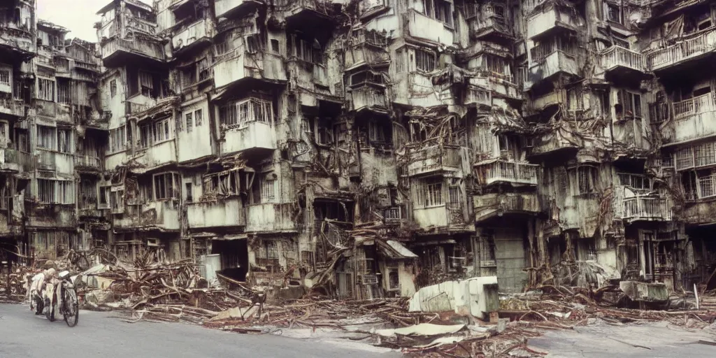 Image similar to studio ghibli film still of a forest city, kowloon walled city, ruined buildings, animals