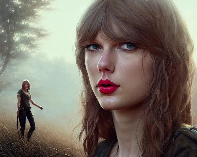 Image similar to highly detailed portrait of taylor swift, in the walking dead, stephen bliss, unreal engine, fantasy art by greg rutkowski, loish, rhads, ferdinand knab, makoto shinkai and lois van baarle, ilya kuvshinov, rossdraws, tom bagshaw, global illumination, radiant light, detailed and intricate environment