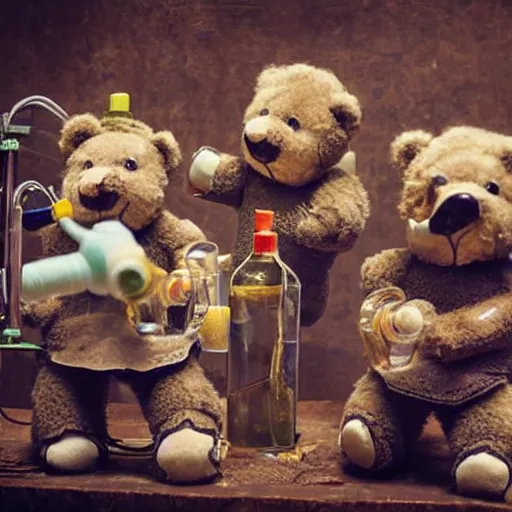 Prompt: photo of teddy bears mixing sparkling chemicals as mad scientists in a steampunk style