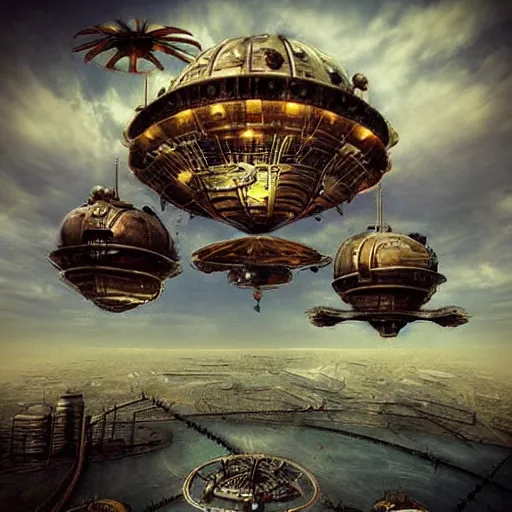 Prompt: flying city in a steel flower, sky, steampunk!!!, fantasy art, steampunk, masterpiece, octane
