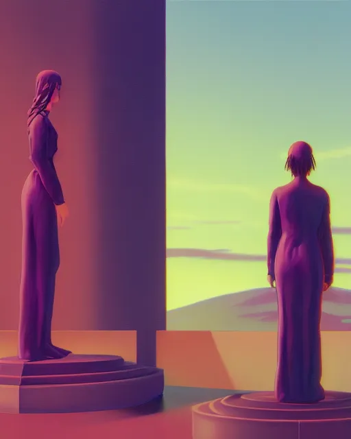 Image similar to a painting of a woman standing in front of a statue, a screenshot by stanley twardowicz, cgsociety, aestheticism, aesthetic, vaporwave, anime aesthetic