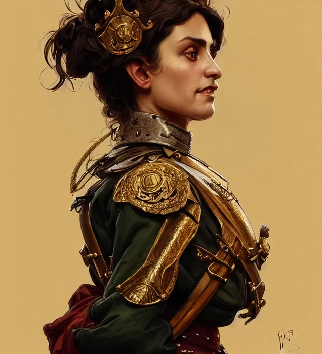Prompt: portrait of a portuguese woman wearing a traditional nineteenth century kingdom of portugal military jacket, metal shoulder pauldrons, intricate, highly detailed, digital painting, artstation, concept art, sharp focus, cinematic lighting, illustration, art by artgerm and greg rutkowski, alphonse mucha, cgsociety