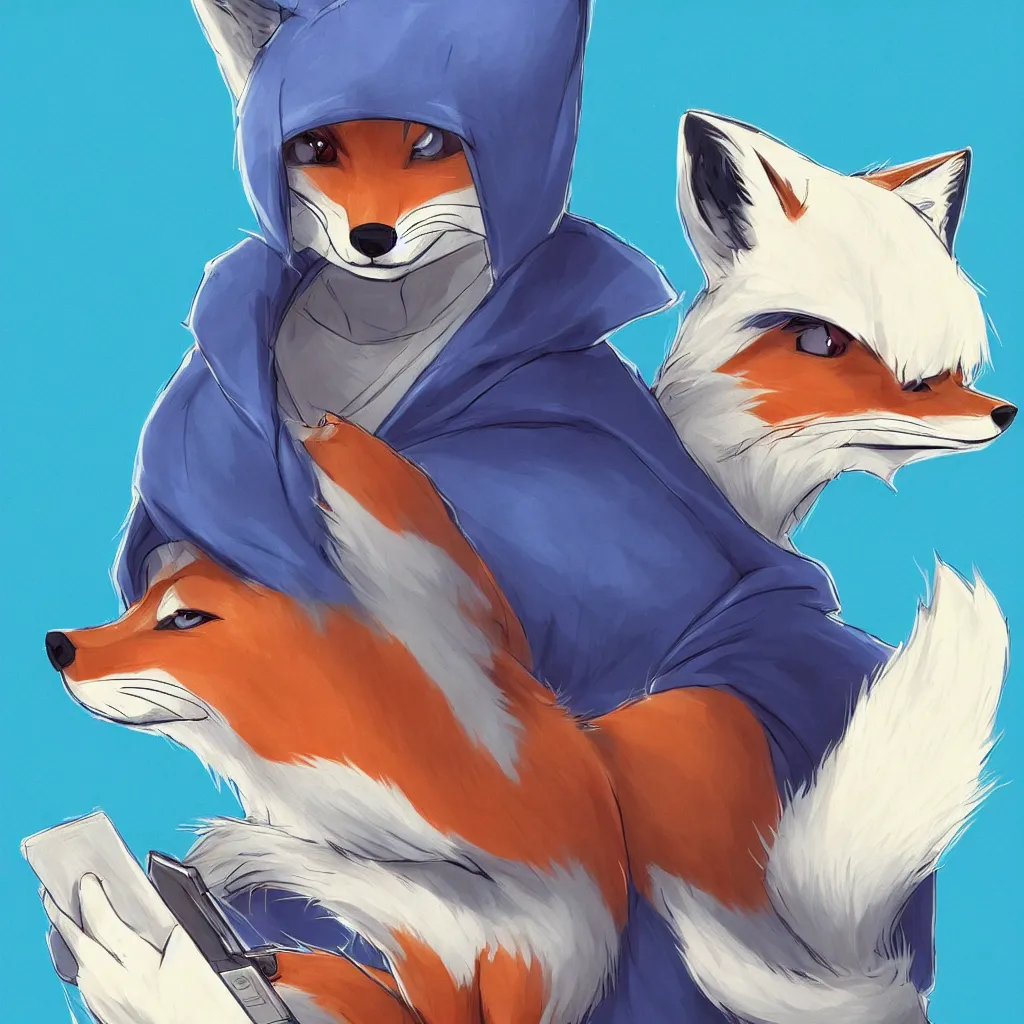 Prompt: a fox in a blue hoodie typing in a notebook, white background, concept art, anime style, digital art picture, highly detailed, artstation, detailed, award winning, colorful