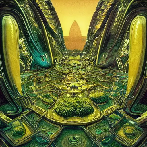 Image similar to alien cinematic geometric lush mirror art, integrated plants landscape geometry 8 k sharp focus sacred by moebius, andreas franke, james christensen, victo nagi, artgerm