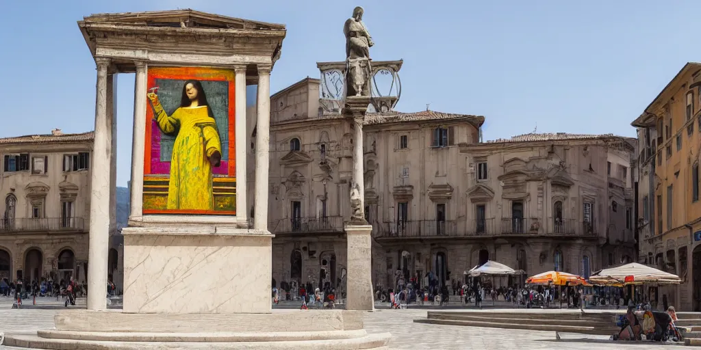 Image similar to A colorful marble sculpture of The Mona Lisa in the middle of an empty Italian piazza without people, midday, 4k photograph, sunny day, long shot