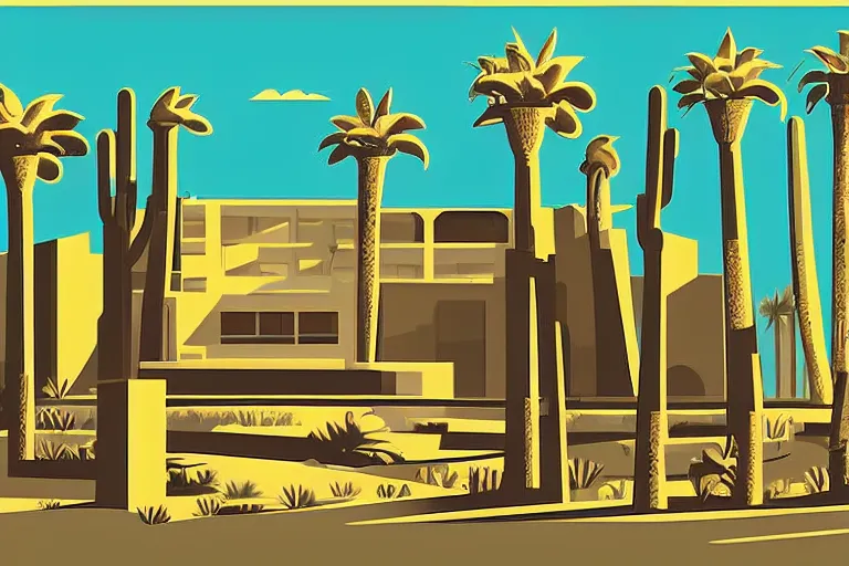 Prompt: brutalist building in a desert oasis by tom whalen in the style of sam werczler, vector art, illustration, harsh light, complementary colors