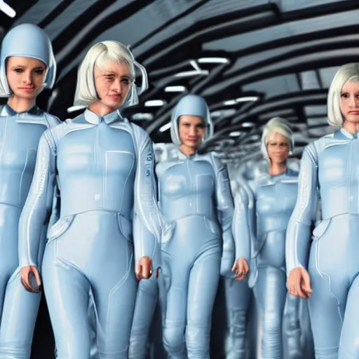 Prompt: troop of 9 0 year old women with white bob hairdos, tight light blue neopren pilot suits, futuristic cloning facility, sci - fi, highly detailed, cinematic