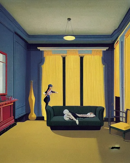 Image similar to old dead couple on couch watching a large obsidian television screen inside a yellow art deco interior room in the style of Francis Bacon and Syd Mead, open ceiling, highly detailed, painted by Francis Bacon and Edward Hopper, painted by James Gilleard, surrealism, airbrush, very coherent, triadic color scheme, art by Takato Yamamoto and James Jean