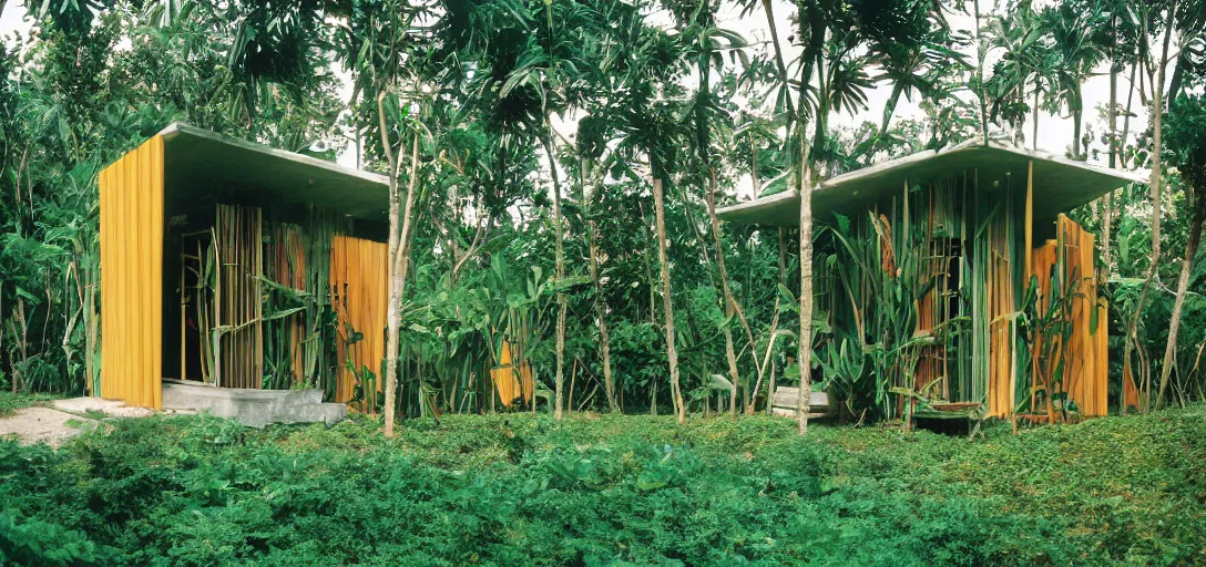 Image similar to shotgun shack designed by dali. outdoor landscaping designed by roberto burle marx. fujinon premista 1 9 - 4 5 mm t 2. 9. portra 8 0 0.