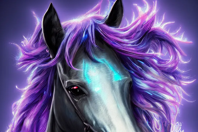 Image similar to a beautiful portrait of a cute cyberpunk horse with bioluminescent mane by sandra chevrier and greg rutkowski and wlop, purple blue color scheme, vaporware, retro, outrun, high key lighting, volumetric light, digital art, highly detailed, fine detail, intricate, ornate, complex, octane render, unreal engine, photorealistic